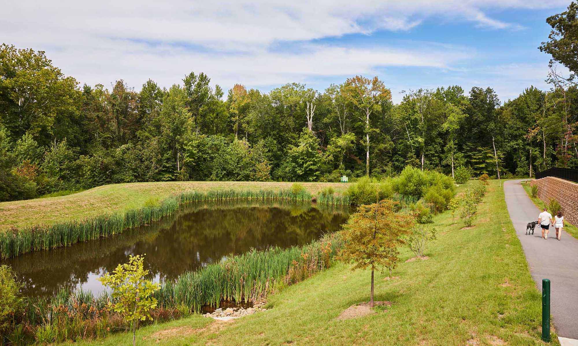 people walking their dog on a trail next to a water runoff pond